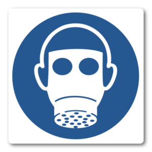 Andningsskydd krävs – Klistermärke (8 × 8 cm)