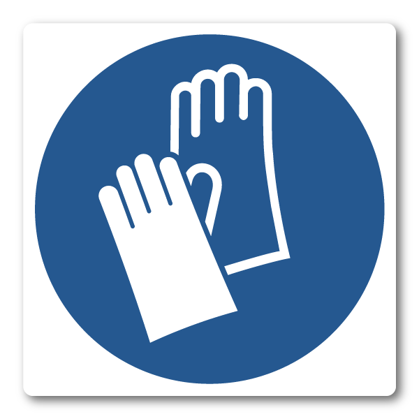 Skyddshandskar krävs – Klistermärke (8 × 8 cm)