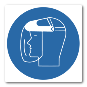 Använd ansiktsskydd / skyddsmask – Klistermärke (8 × 8 cm)