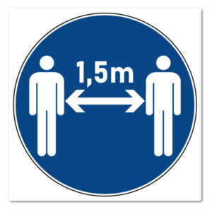 Håll avstånd 1,5 m – Klistermärke (20 × 20 cm)