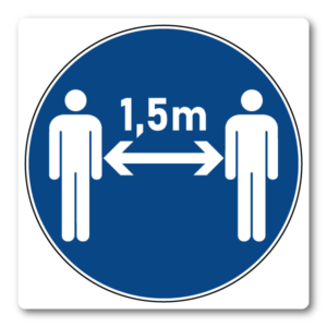 Håll avstånd 1,5 m – Klistermärke (8 × 8 cm)