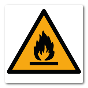 Varning – Brandfarligt material – Klistermärke (8 × 8 cm)