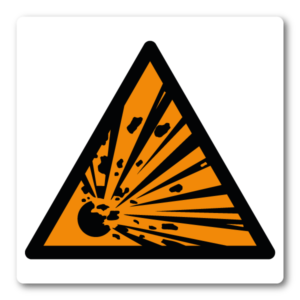 Explosionsvarning – Klistermärke (8 × 8 cm)